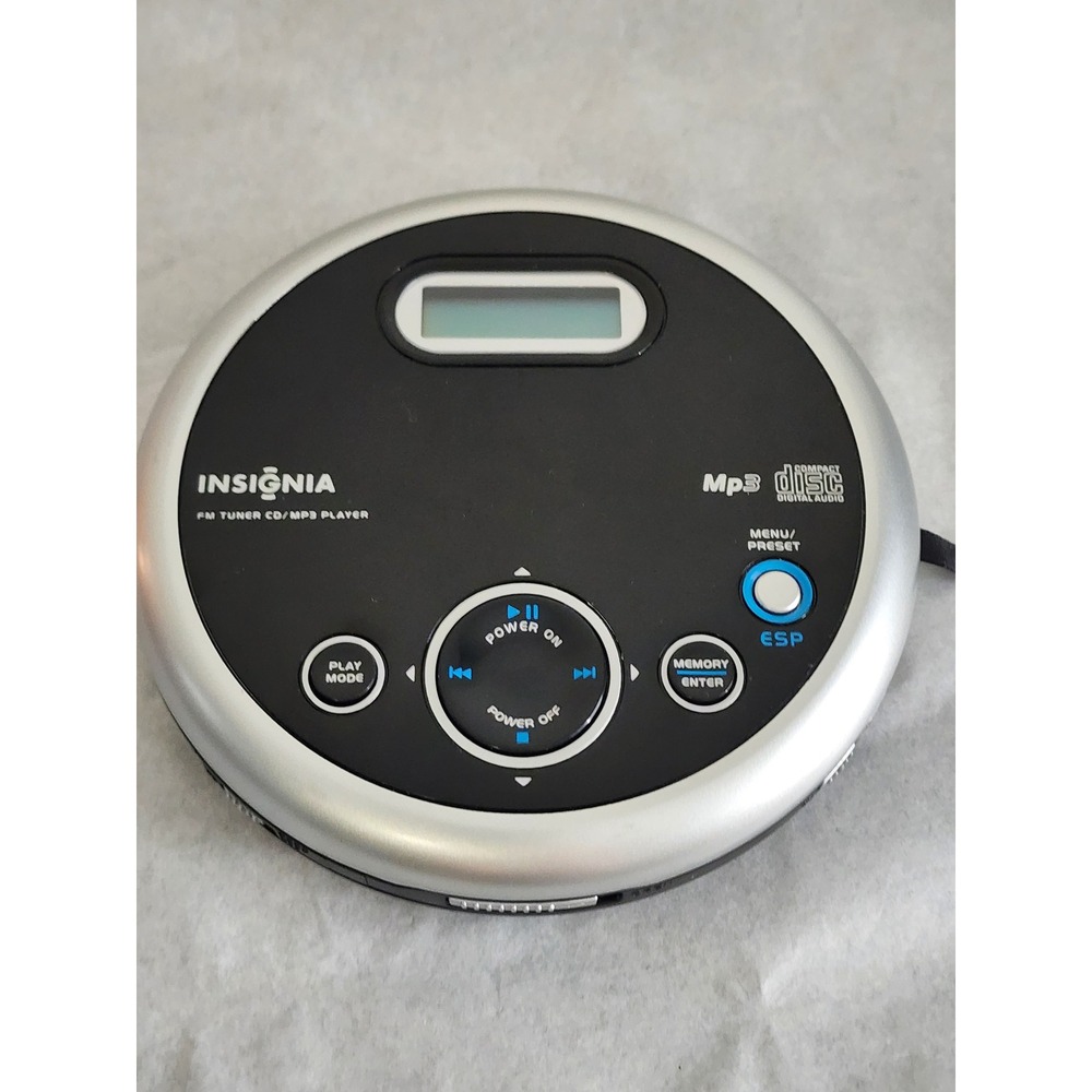 Insignia Portable CD Player FM Tuner MP3 ESP Silver Black with Headphones Remote